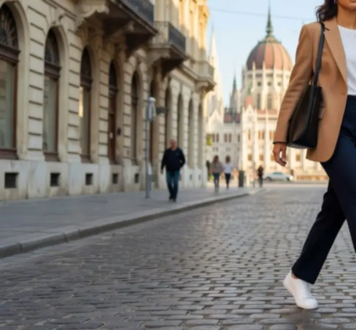 Mindennapi női street style outfit farmerrel, blézerrel és kényelmes cipővel